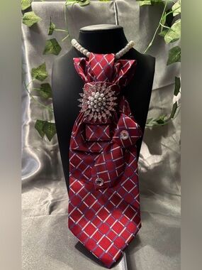 Red Plaid Satin Neck Tie with Pearl Brooch - Women Accessories